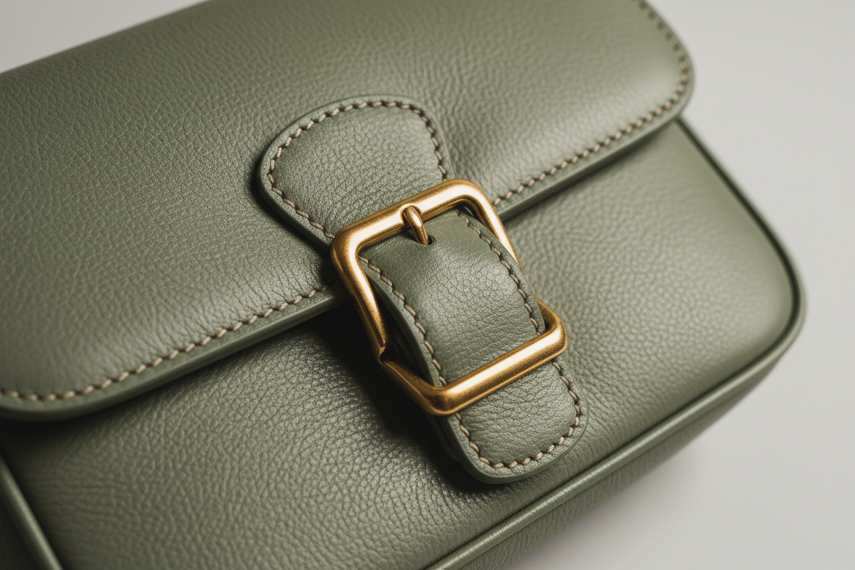 Soft Vintage Shoulder Bag in Sage Mist, gold buckle and leather close-up