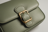 Soft Vintage Shoulder Bag in Sage Mist, gold buckle and leather close-up