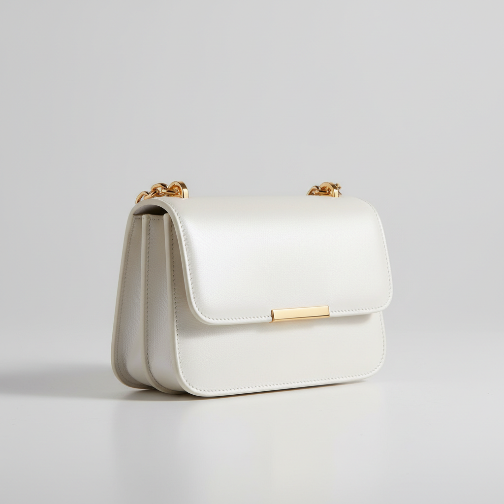 Contemporary Mini Flap Bag in Glacier Pearl White – Side Angle