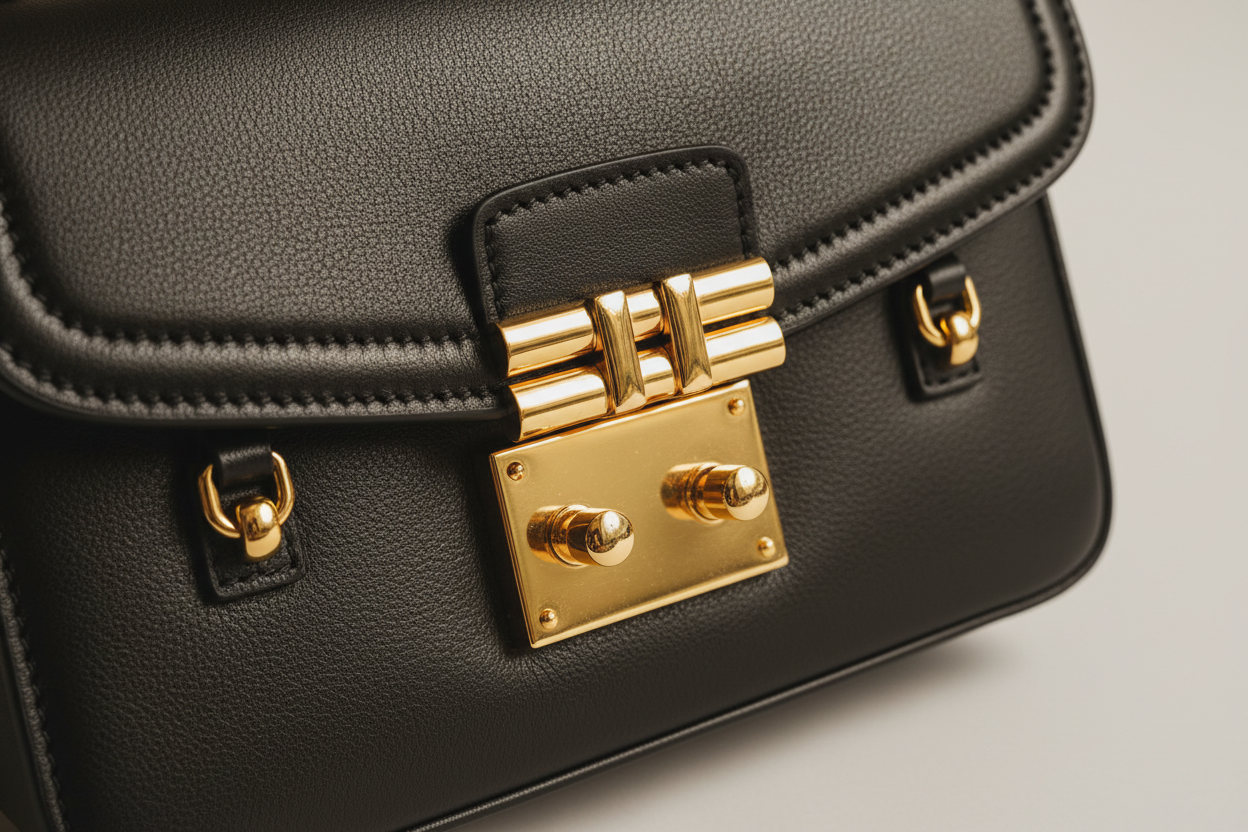 Classic City Shoulder Bag in Matte Black, front-lock closure and hardware close-up