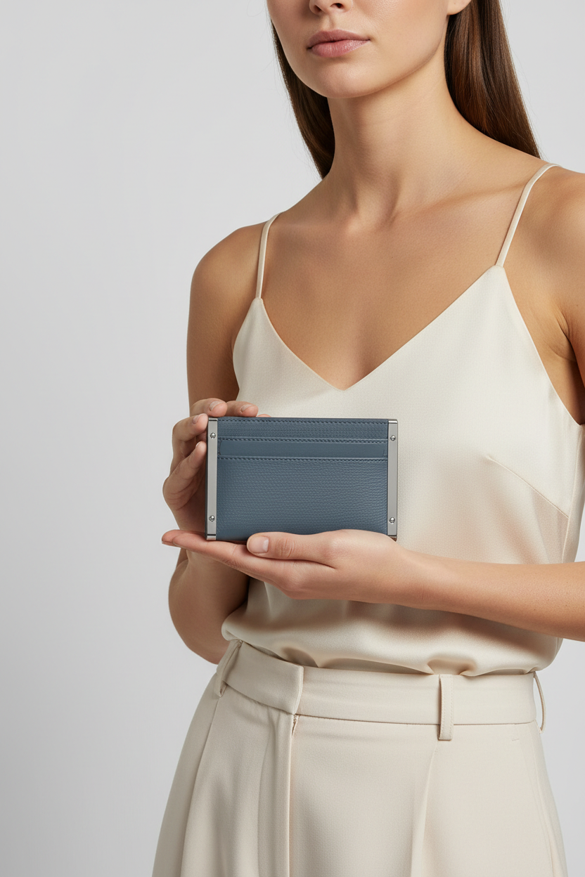 Female model holding Executive Mini Porte-Cartes in Steel Harbor Glacier