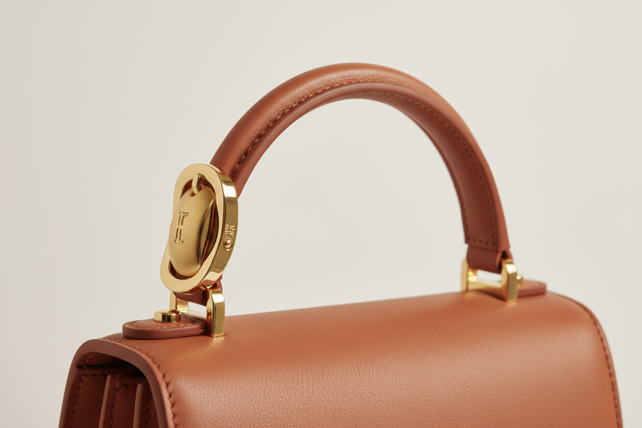 Luxury Mini Shoulder Bag in Soft Terracotta, top handle and hardware close-up