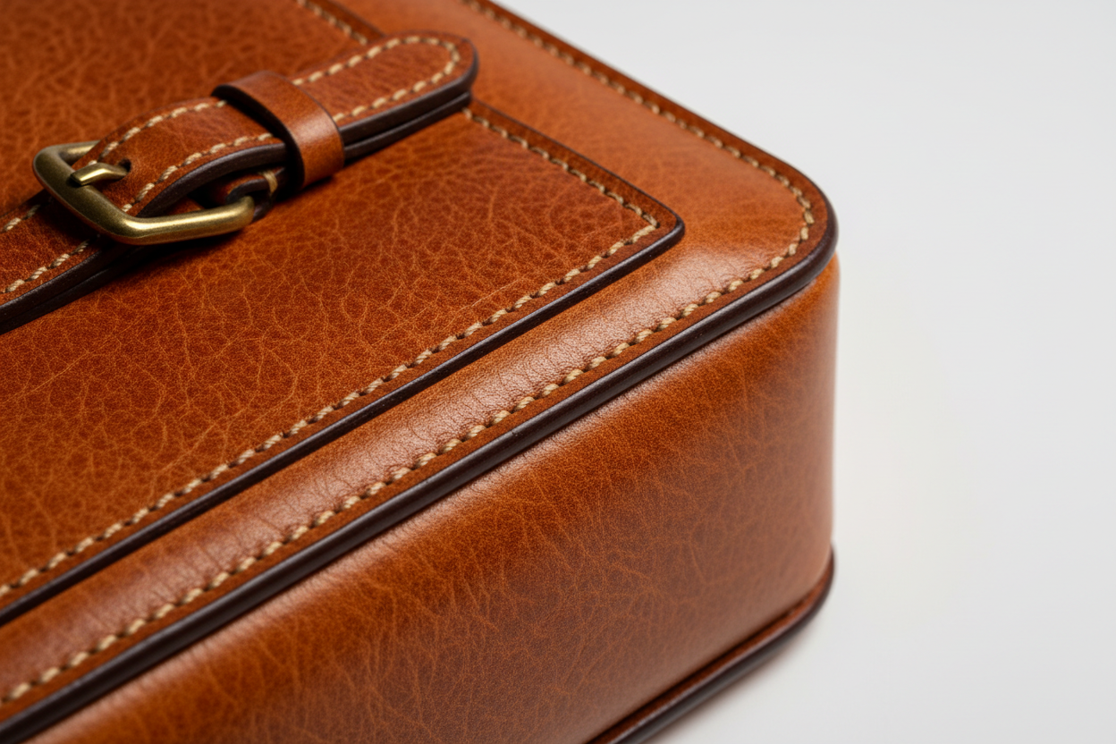 Modern Travel Pouch in Orange and Brown, saddle leather and hardware macro close-up