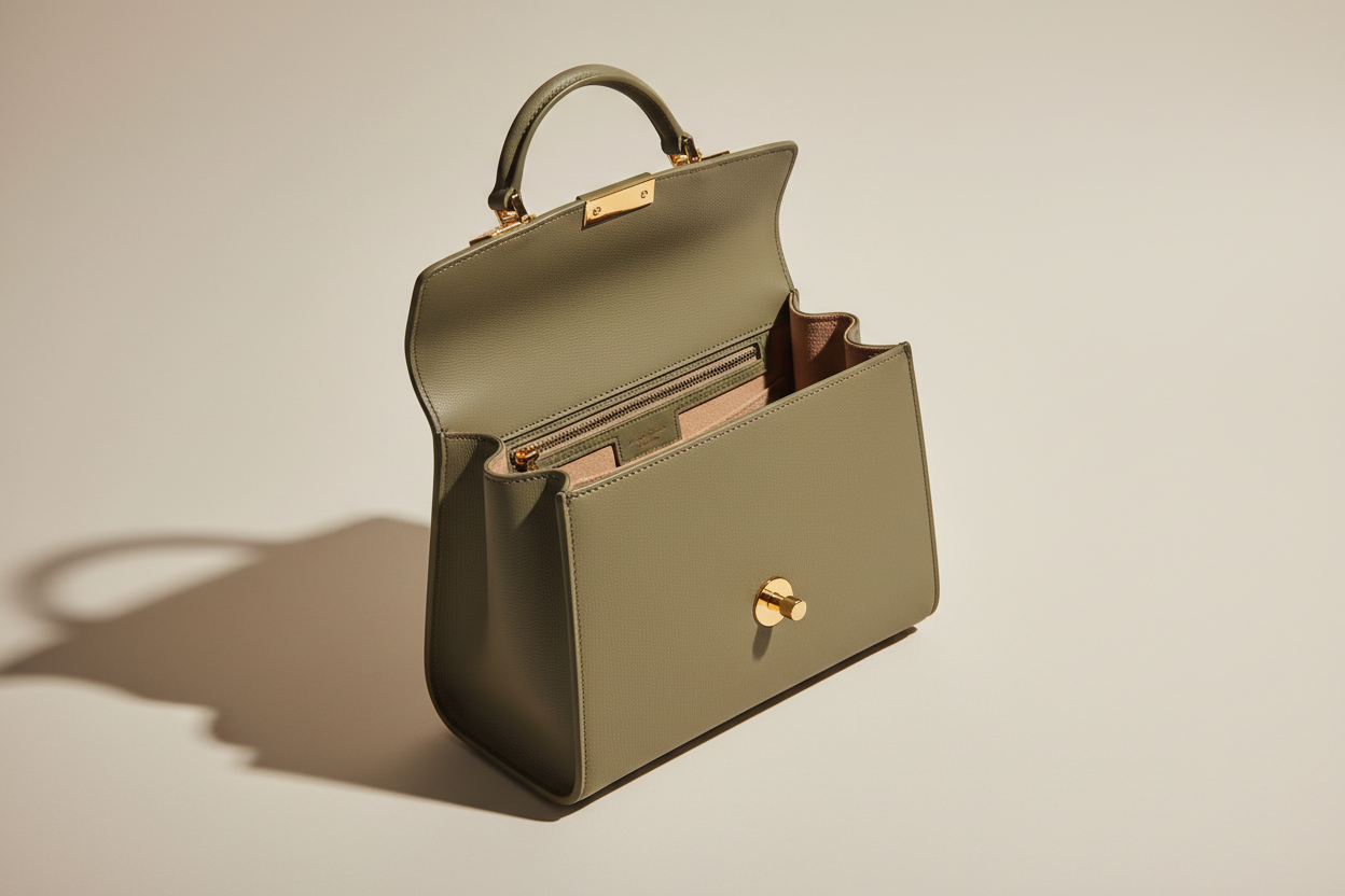 Mini Luxe Top-Handle Bag in Dusty Olive, open interior view