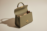 Mini Luxe Top-Handle Bag in Dusty Olive, open interior view