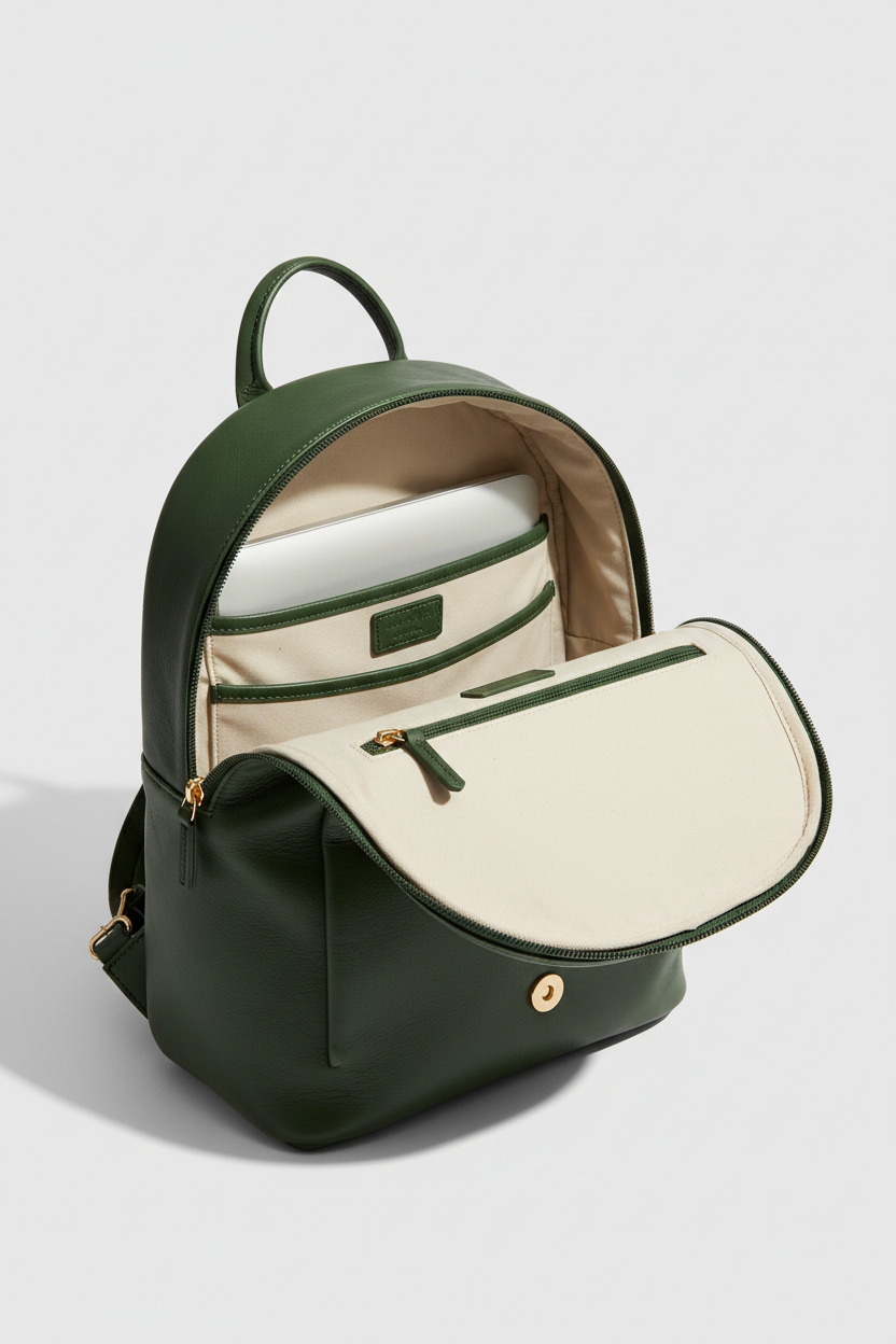 Elegant Everyday Women's Backpack in Moss Valley Green Soft Natural Leather – Interior View