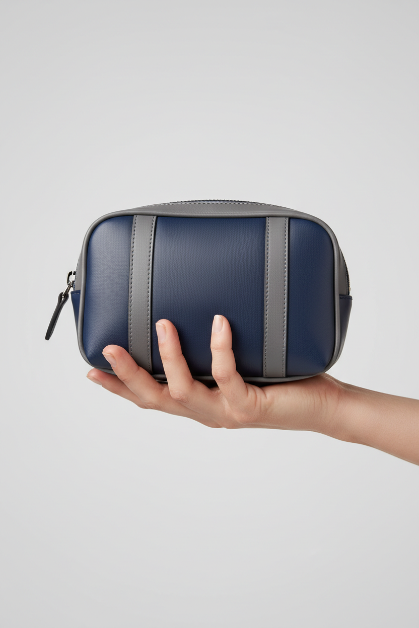 Hand holding Modern Travel Pouch in Blue and Gray