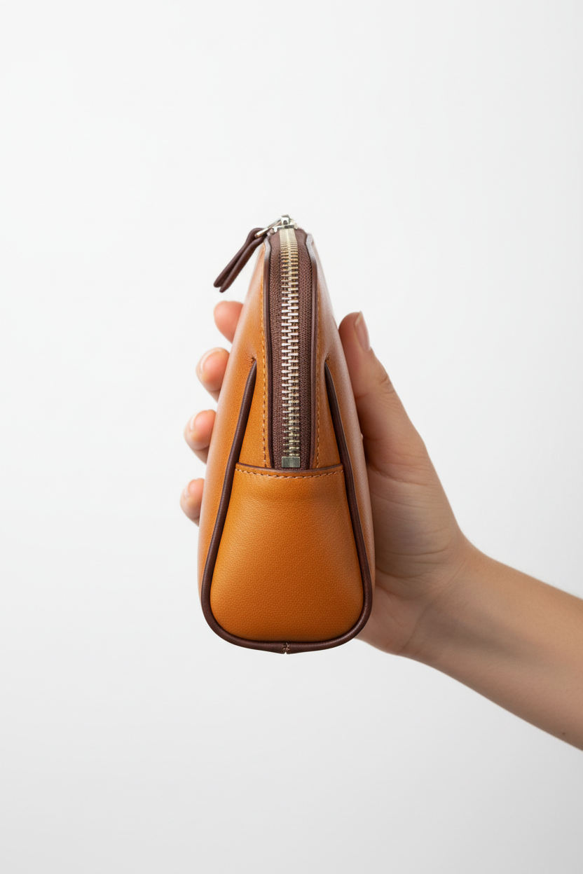 Hand holding Signature Utility Pouch in Gold and Brown