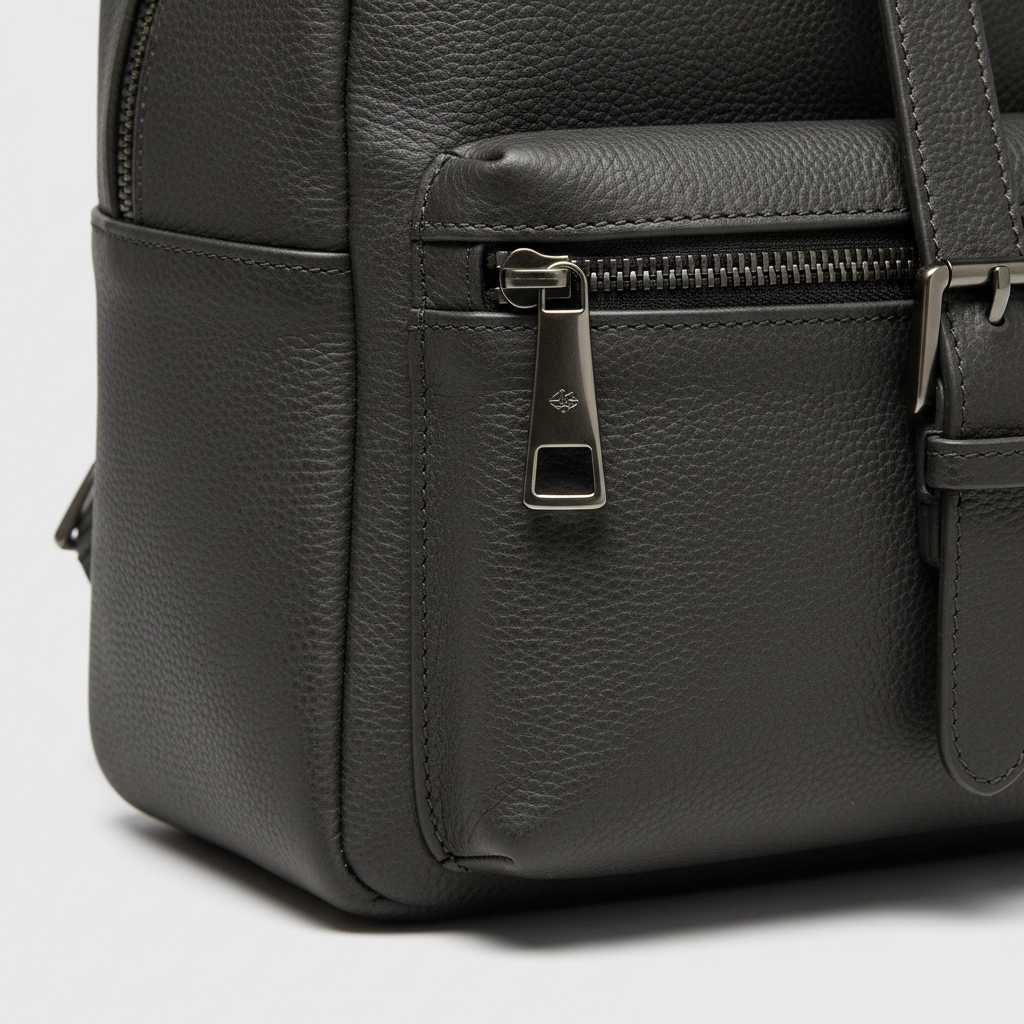 Metropolitan Business Backpack in Dark Alloy Charcoal Rugged Premium Leather – Leather & Hardware Detail