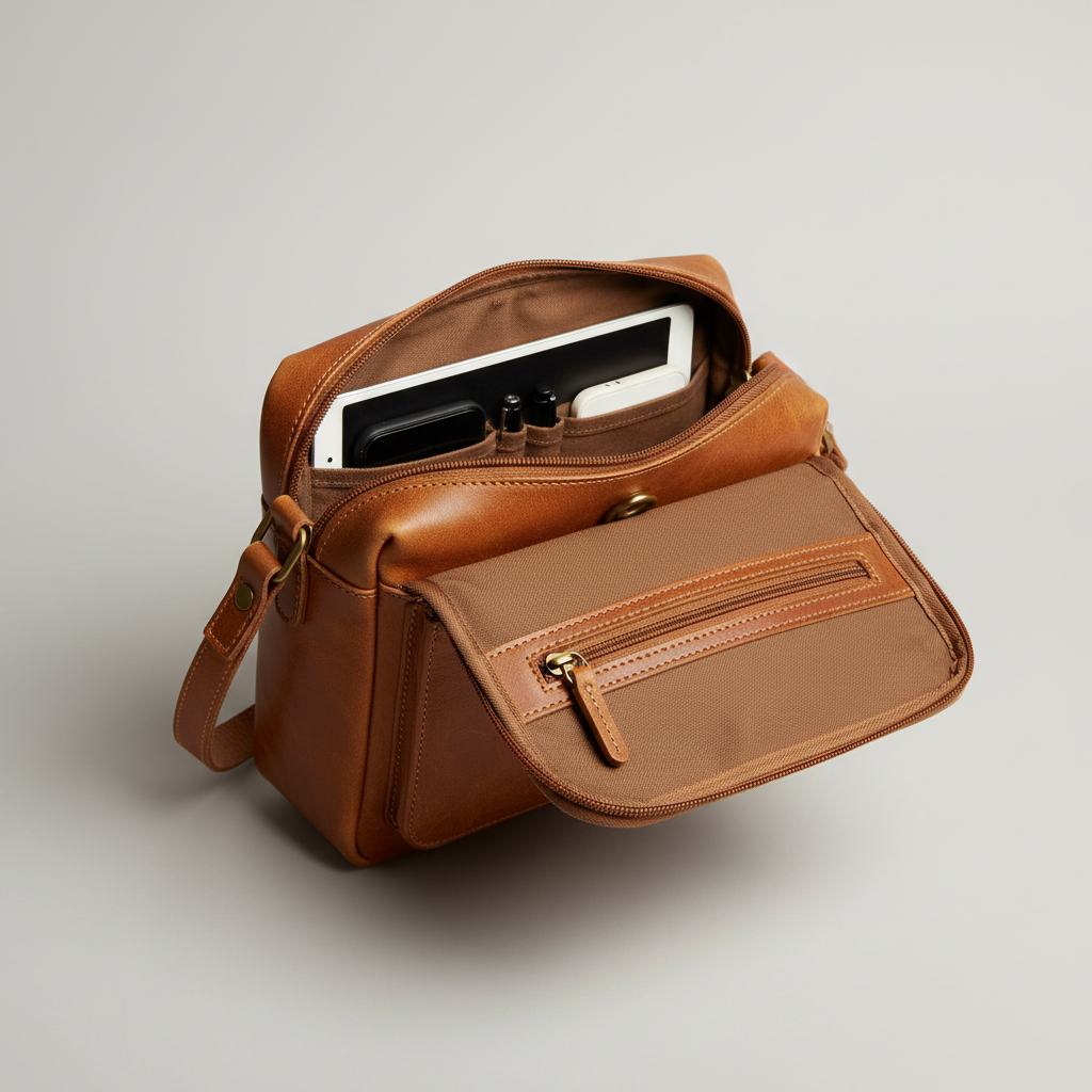 Urban Professional Crossbody Bag in Camel Ridge Tan Vintage Pull-Up Leather – Interior View