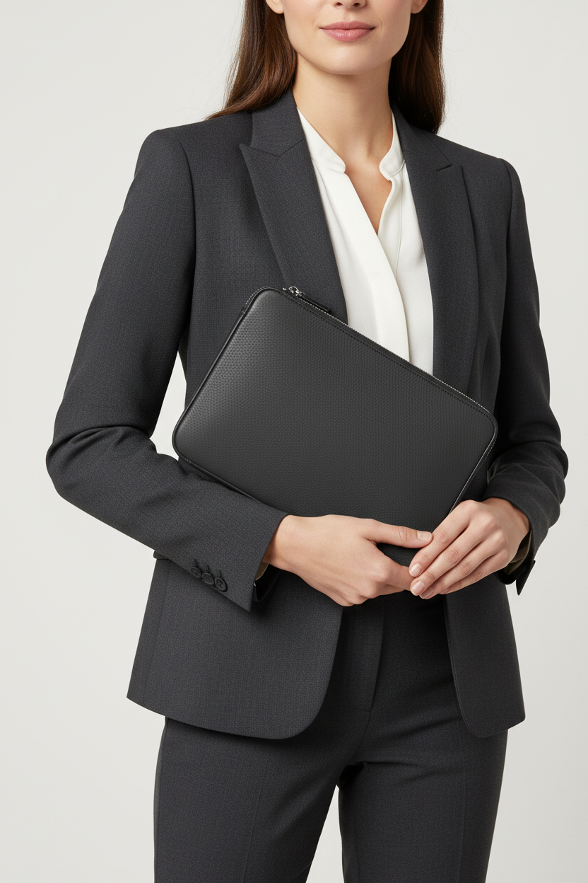 Contemporary Tech Sleeve Pochette in Obsidian Shadow Grey Soft Pebbled Leather – Professional Model