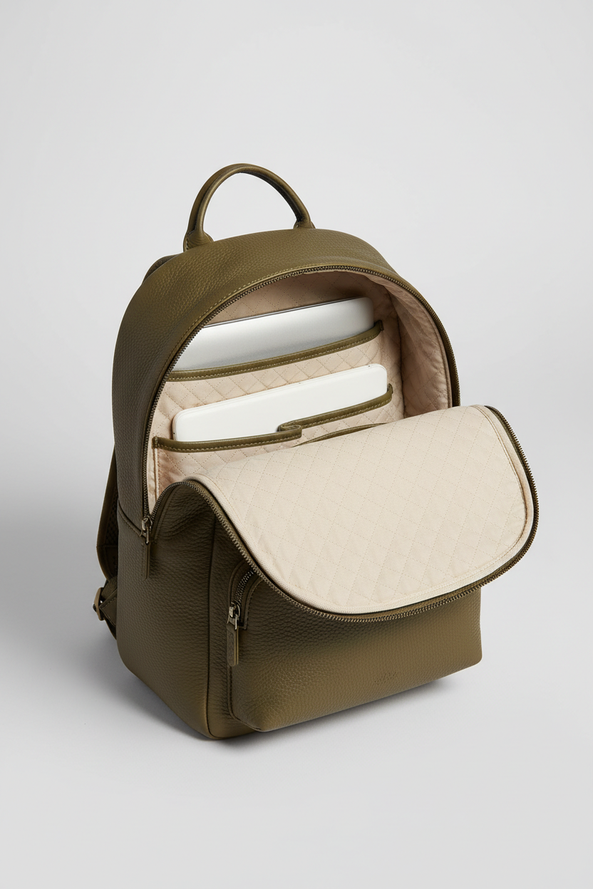 Urban Luxe Women's Backpack in Forest Bloom Olive Heritage Grain Leather – Interior View