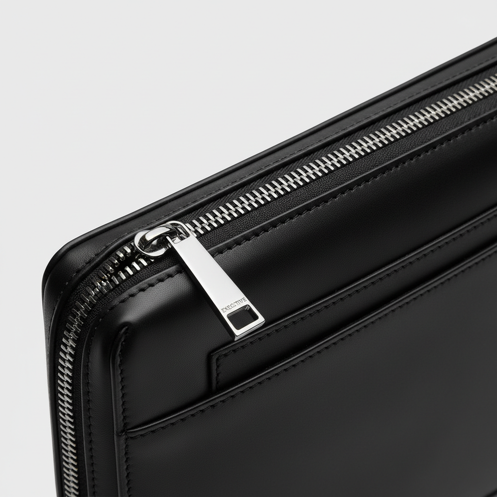 Premium Zip Work Portfolio in Onyx Steel Black Smooth Executive Leather – Leather & Zipper Detail