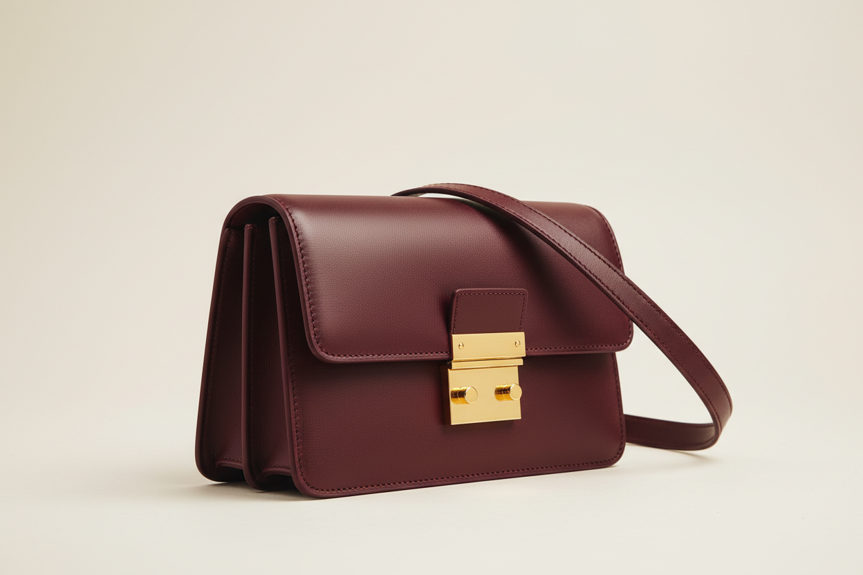 Contemporary Flap Shoulder Bag in Deep Burgundy, side angle view
