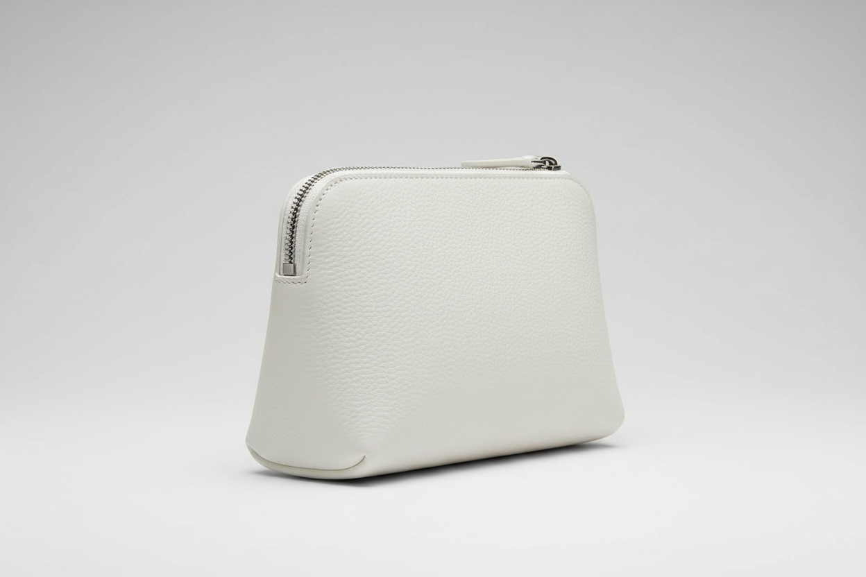 Minimal Luxury Pouch in White, side angle view
