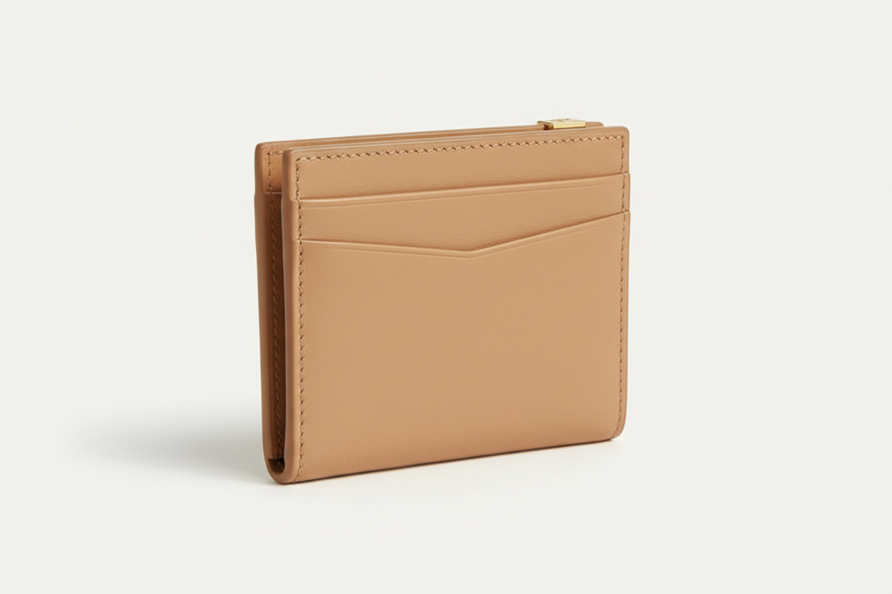 Luxury Essential Card Holder in Dune Silkstone Beige, side angle view