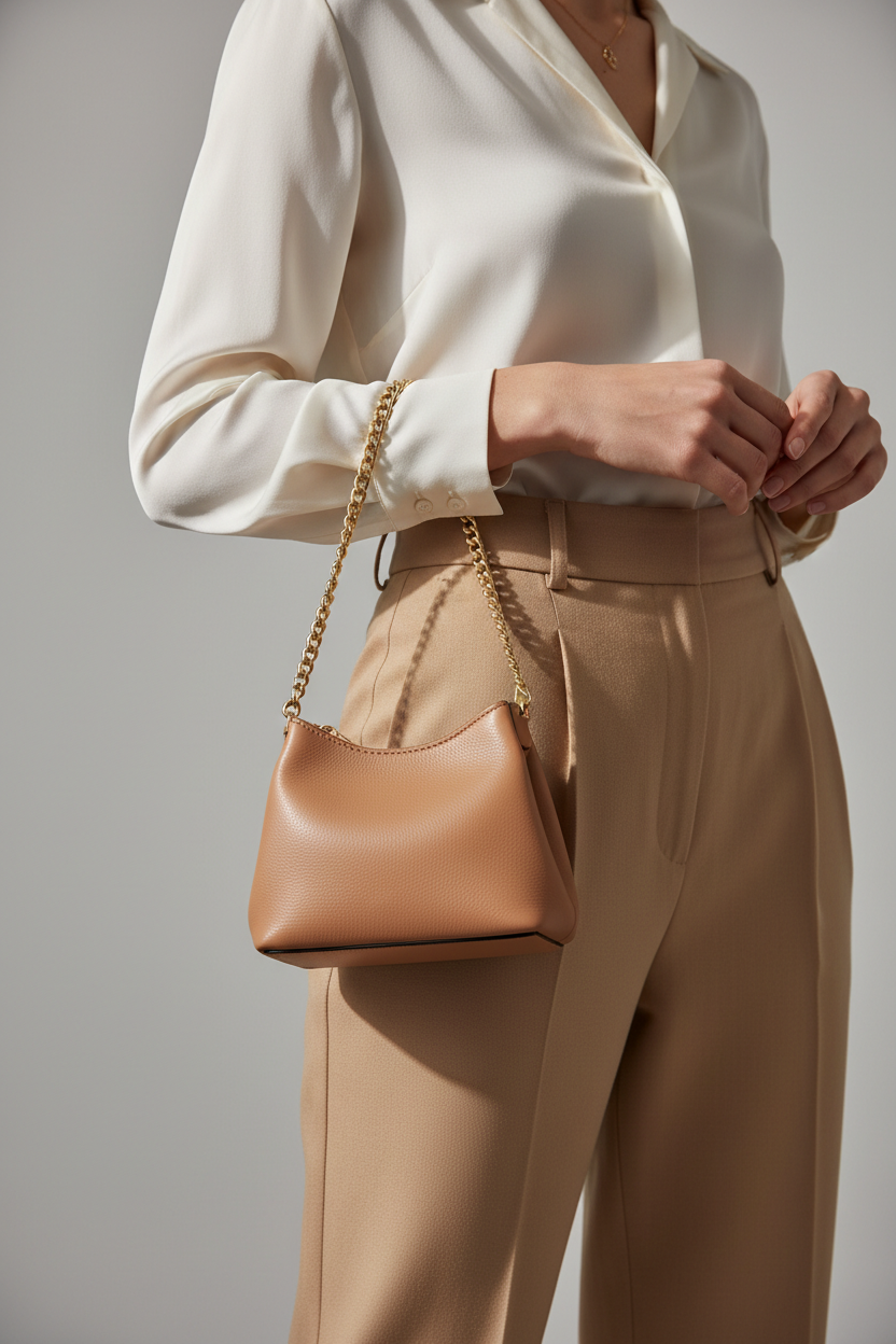 Chain Strap Mini Bag in Desert Champagne Nude – Female Model