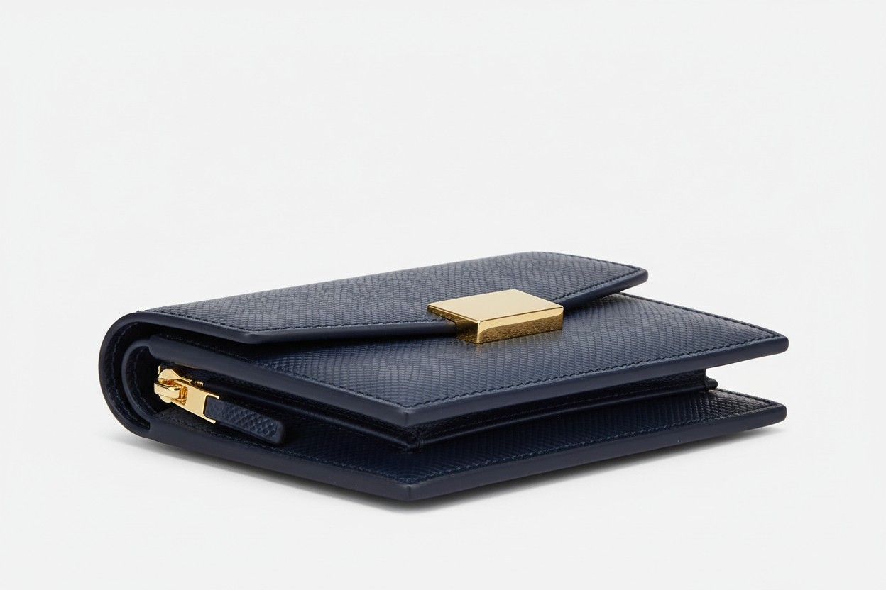 Urban Everyday Wallet in Navy and Gold, side angle view