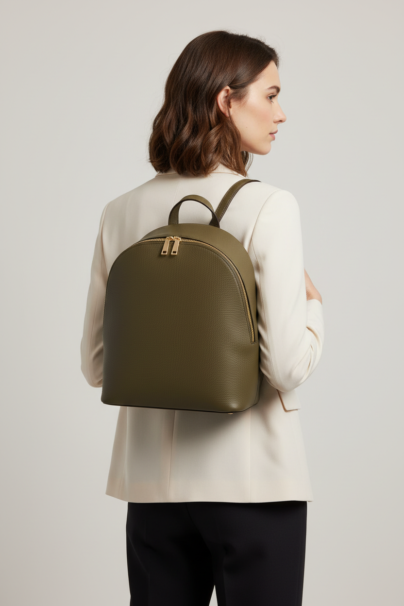 Urban Luxe Women's Backpack in Forest Bloom Olive Heritage Grain Leather – Female Model
