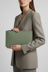 Quiet Luxury Tablet Pochette in Sage Timber Green Refined Pebbled Leather – Professional Model