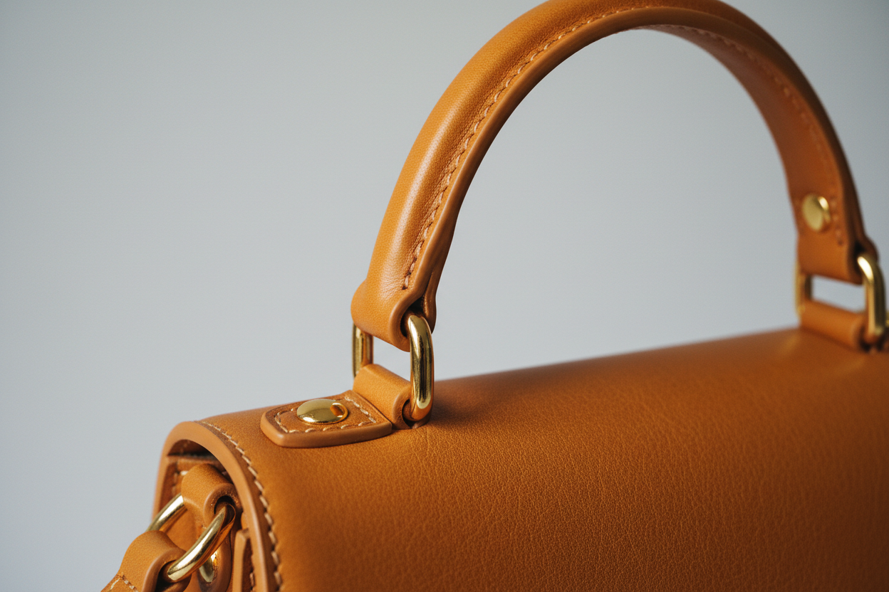 Luxury Mini Shoulder Bag in Warm Honey, top handle and hardware close-up