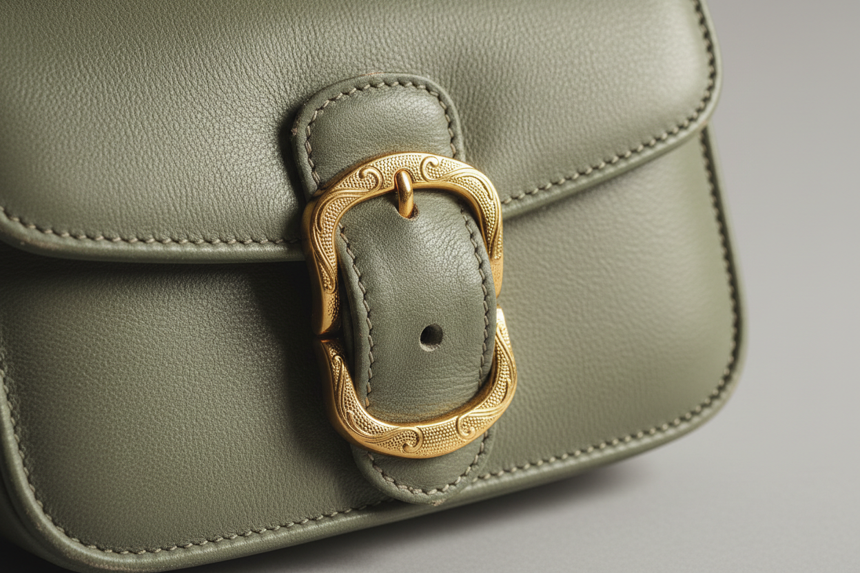 Vintage Mini Flap Bag in Dusty Sage, gold buckle and leather close-up