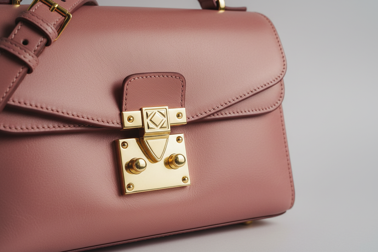 Classic City Shoulder Bag in Dusty Rose, front-lock closure and hardware close-up