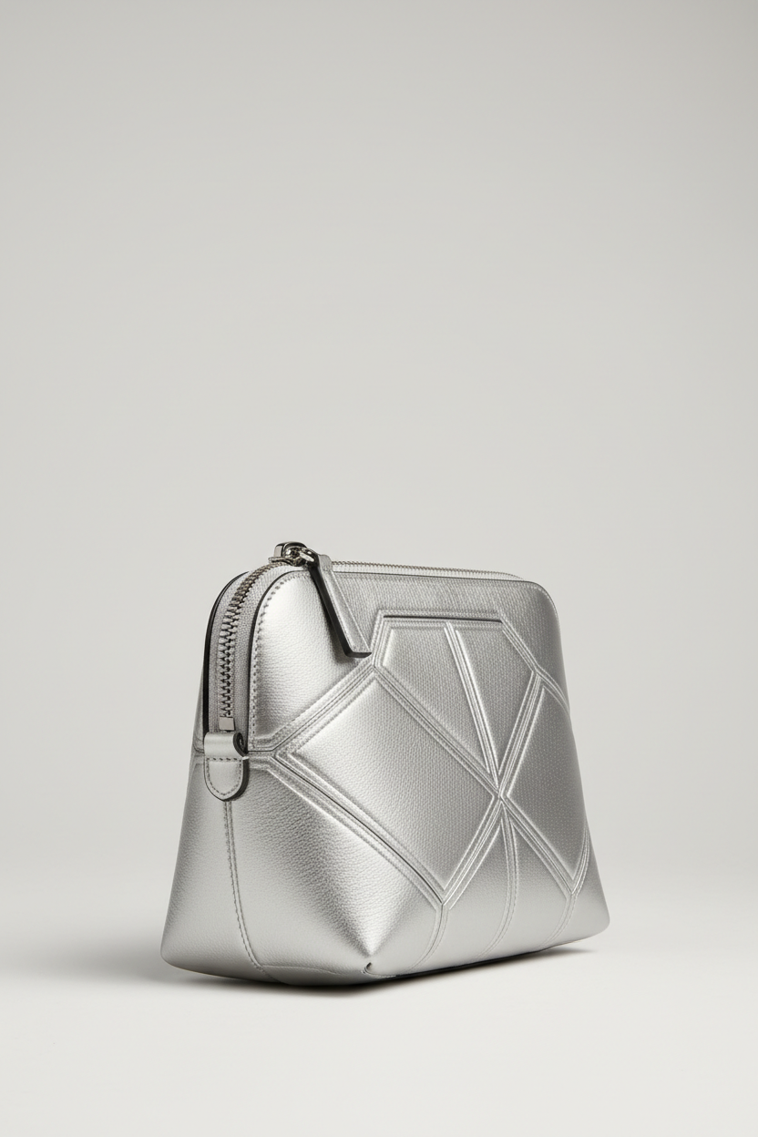 Minimal Luxe Pouch in Geometric and Silver, portrait side angle view