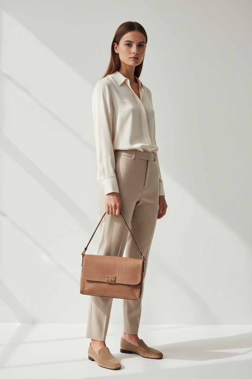 Female model carrying Modern Everyday Shoulder Bag in Soft Taupe
