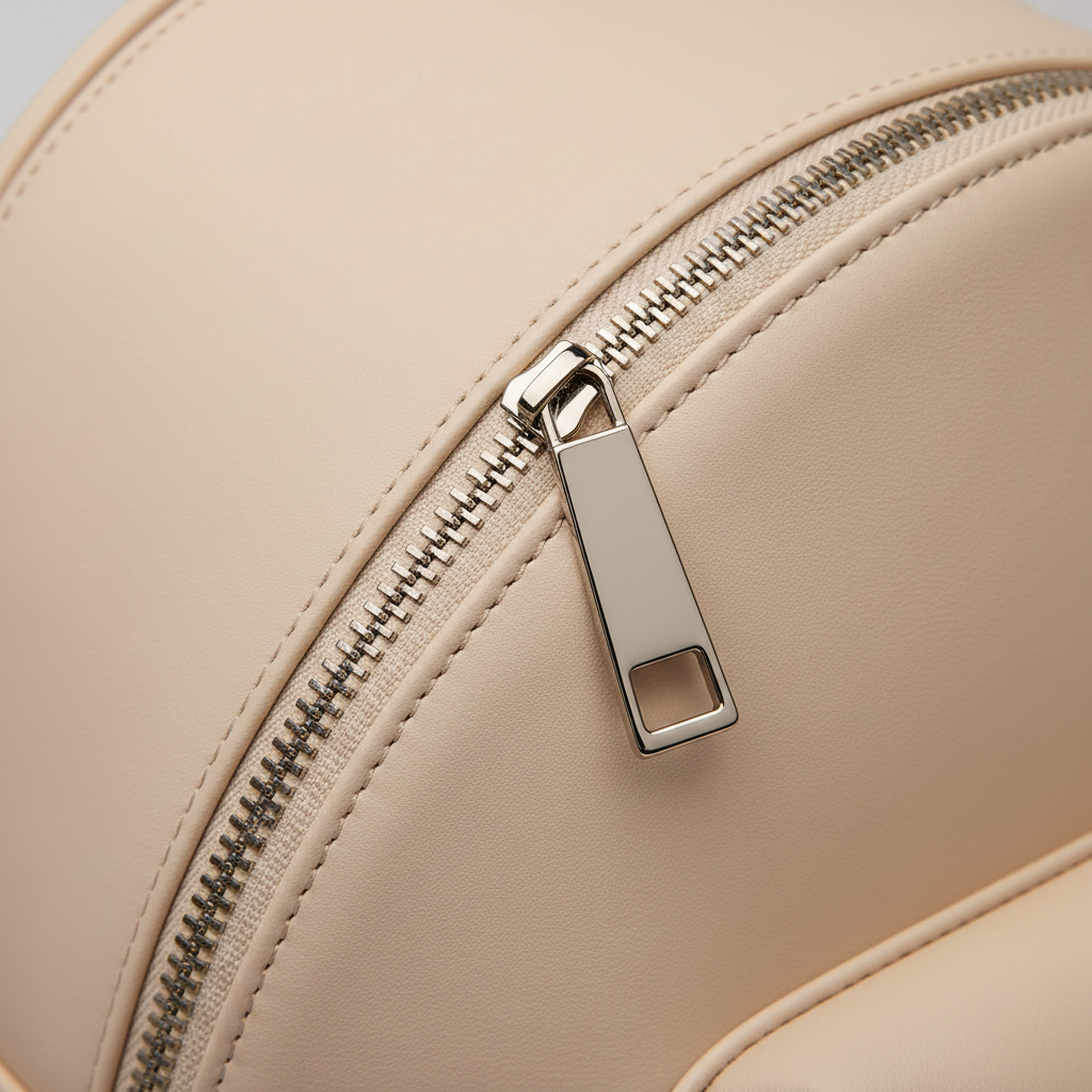 Creamstone Drift — Leather & Zipper Close-up