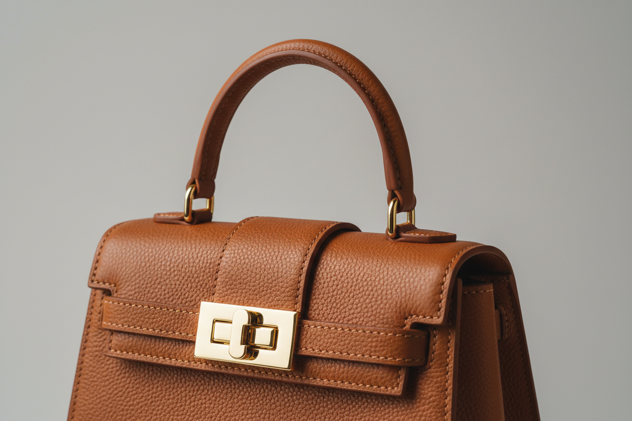 Mini Luxe Top-Handle Bag in Cinnamon Brown, gold hardware and leather close-up