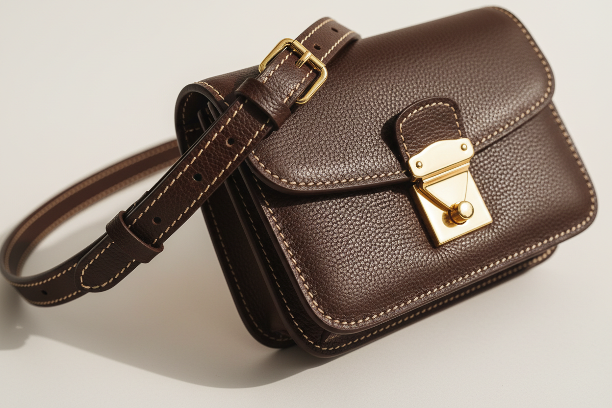 Everyday Mini Crossbody in Deep Cocoa, strap hardware and leather close-up
