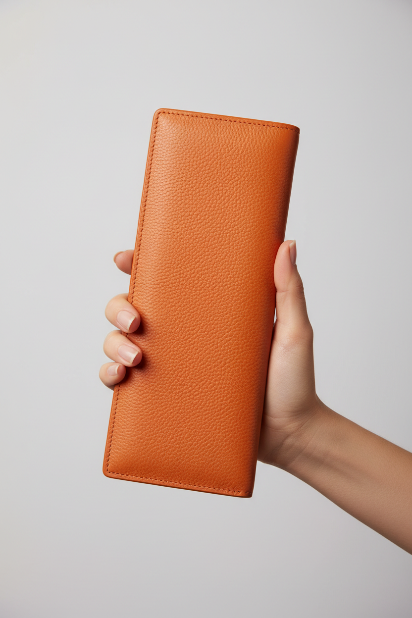 Hand holding Luxury Long Wallet in Orange