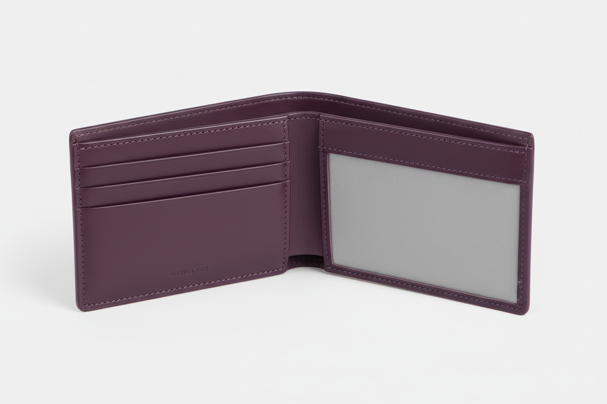 Luxury Long Wallet in Purple, open interior with card slots and bill compartment