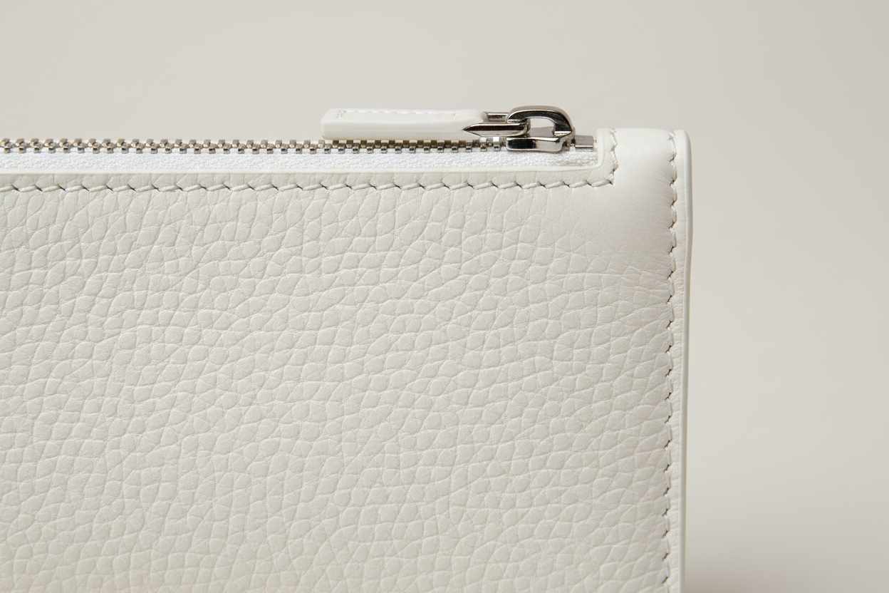 Minimal Luxury Pouch in White, leather and zipper macro close-up