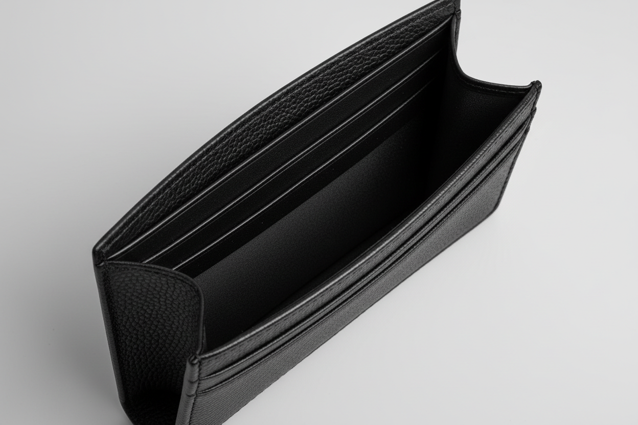 Luxury Essential Card Holder in Velvet Phantom Noir, open interior with card slots