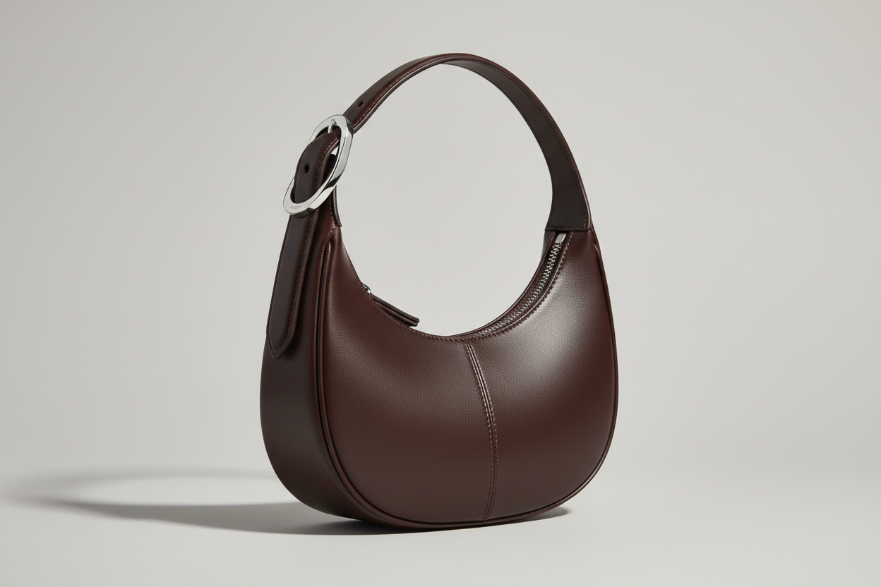 Curved Mini Shoulder Bag in Chocolate Truffle, side angle view