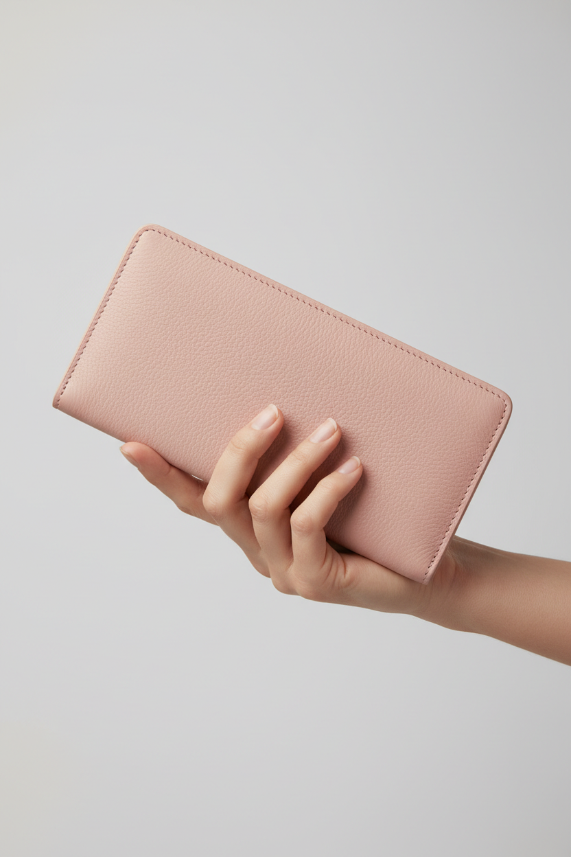 Hand holding Luxury Long Wallet in Pink