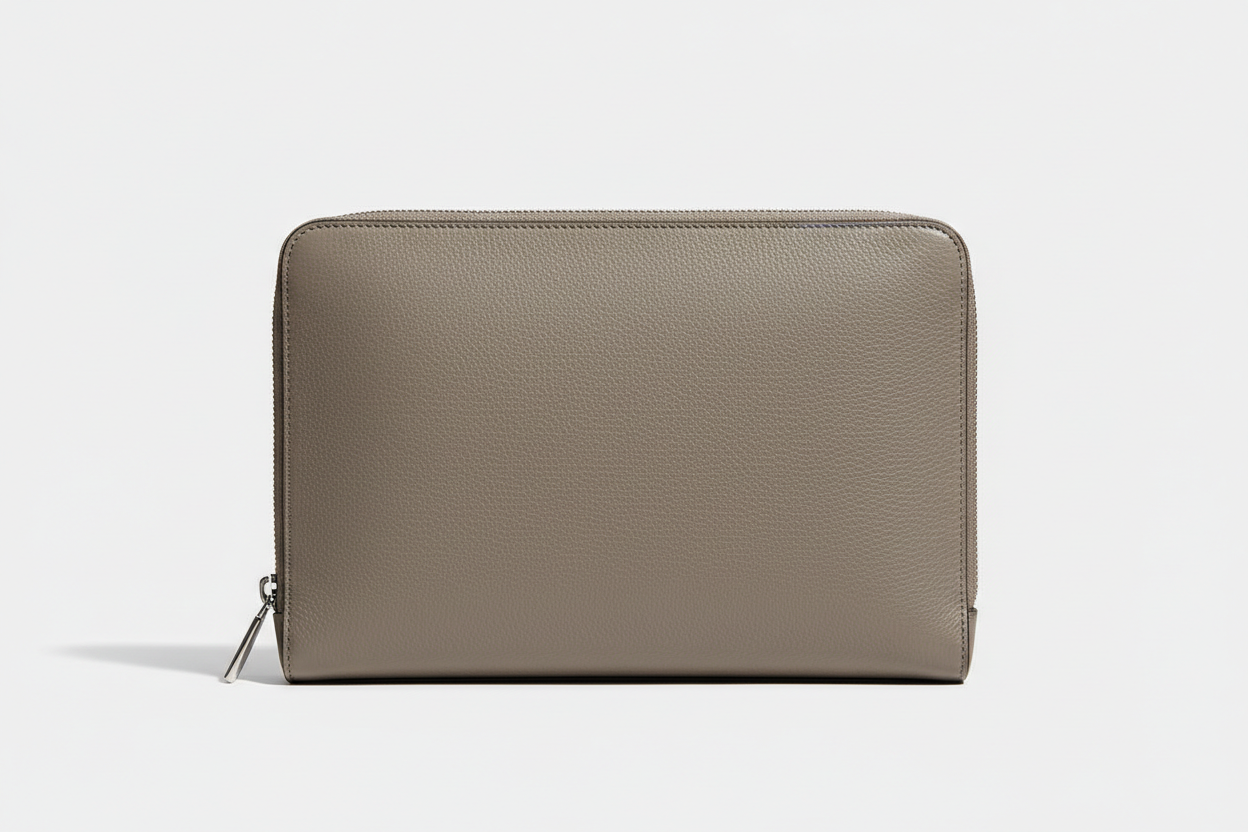 Premium Zip Work Portfolio in Ashwood Silver Taupe Refined Crossgrain Leather – Front View
