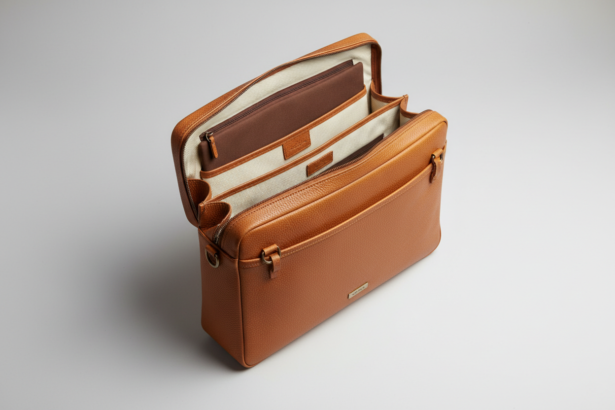 Executive Slim Briefcase in Stone Oak Tan – Interior View