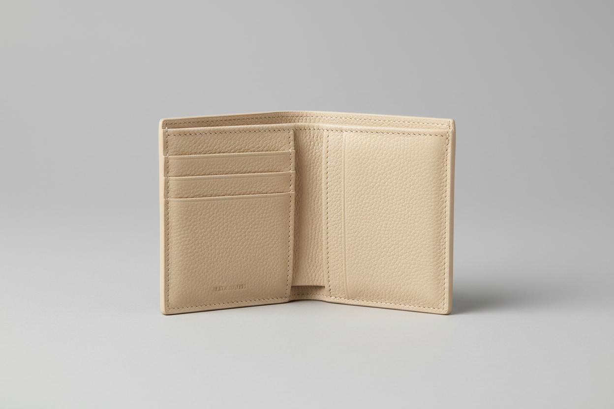 Executive Mini Porte-Cartes in Cream Drift Sand, open interior with card slots