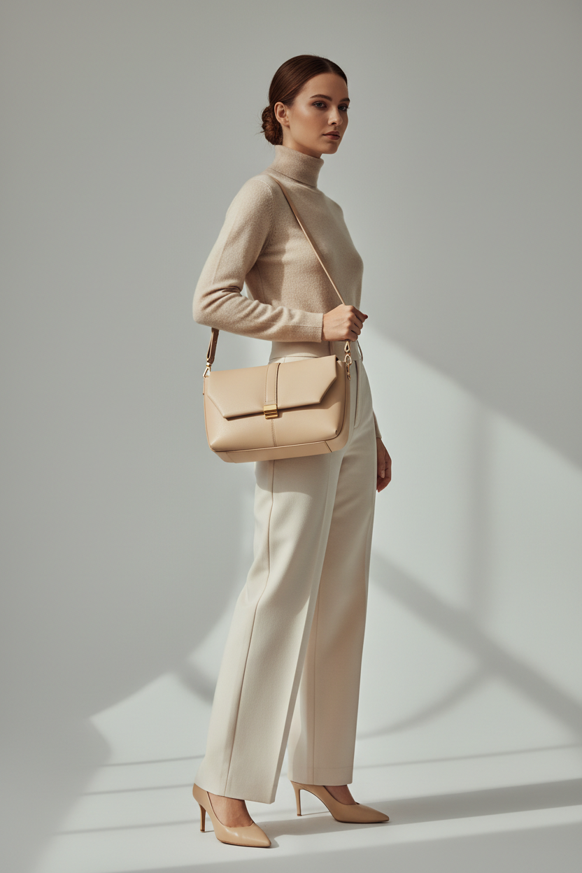 Female model carrying Sculpted Designer Shoulder Bag in Cream Beige