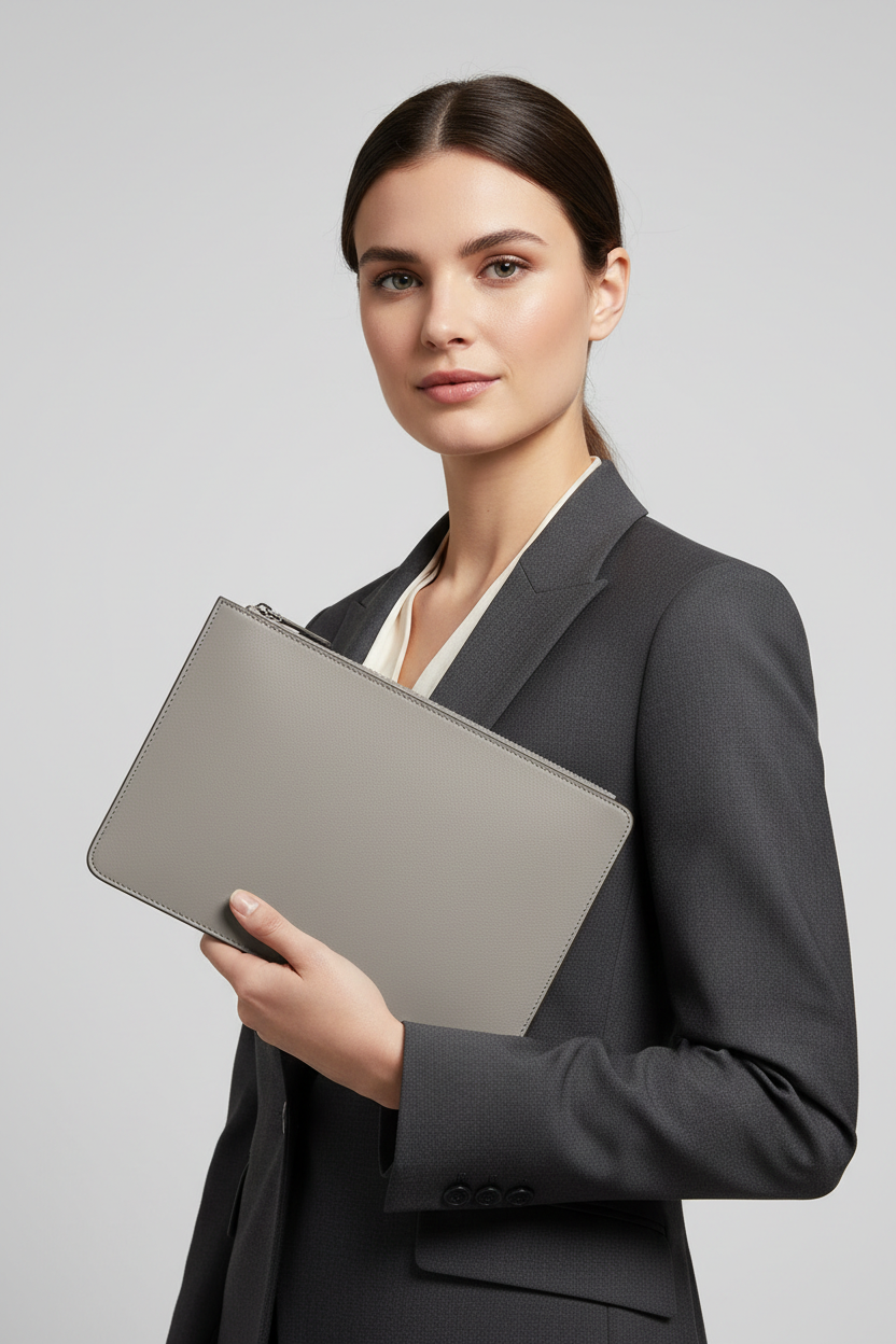 Elite Office Carry Pochette in Polar Mist Grey Matte Palmellato Leather – Professional Model
