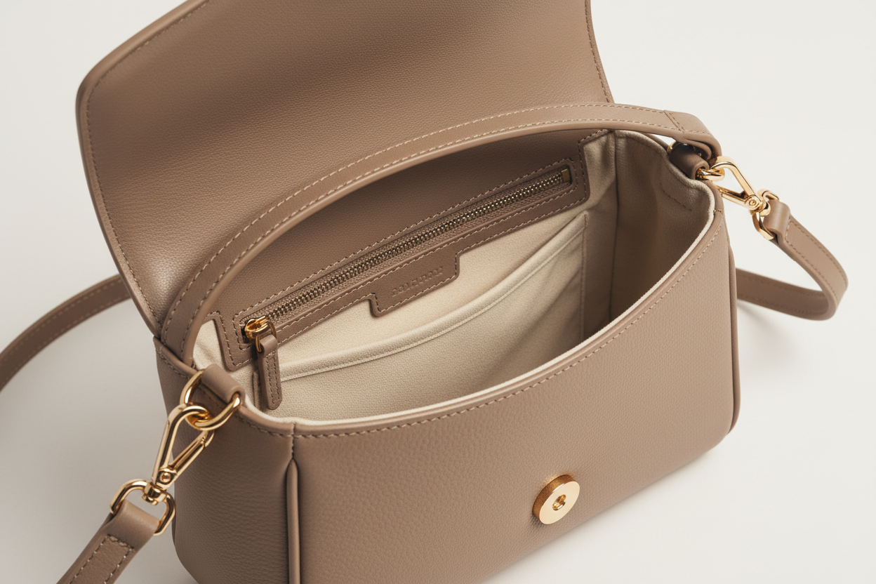 Everyday Mini Crossbody in Soft Taupe, open interior view