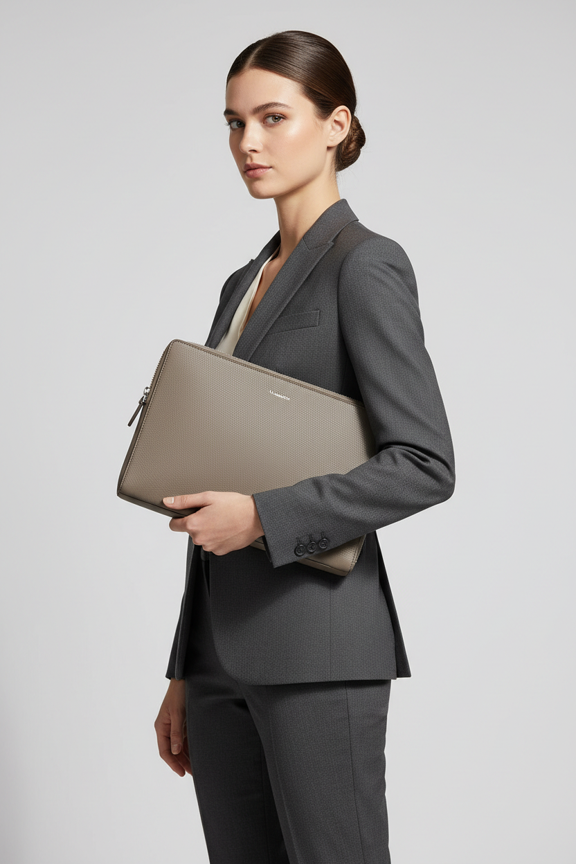 Premium Zip Work Portfolio in Ashwood Silver Taupe Refined Crossgrain Leather – Professional Model