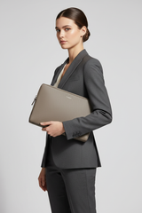 Premium Zip Work Portfolio in Ashwood Silver Taupe Refined Crossgrain Leather – Professional Model