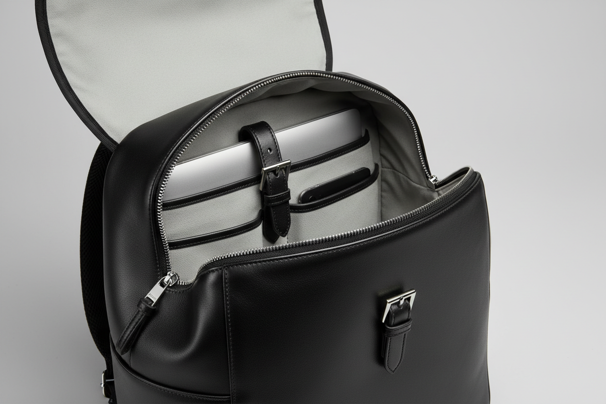 Contemporary City Backpack in Obsidian Pearl Black, open interior view