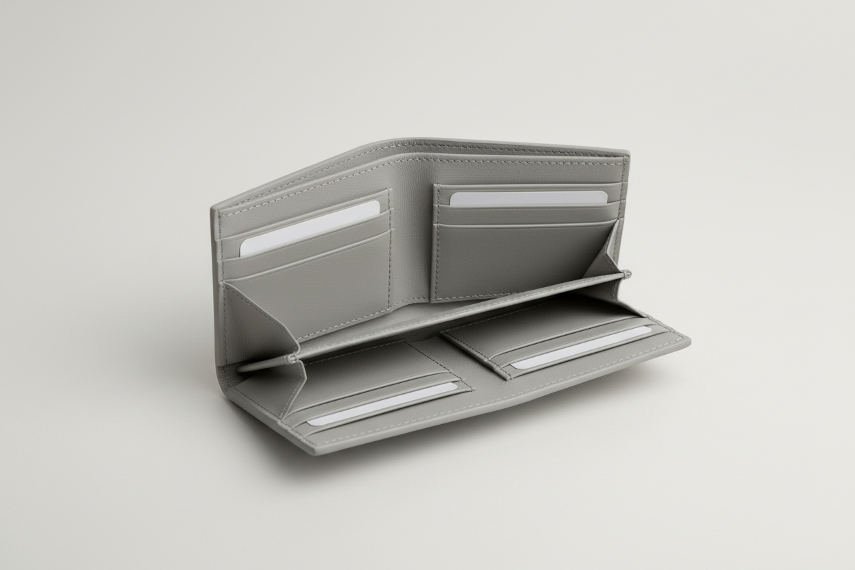 Luxury Essential Card Holder in Frozen Atlantic Grey, open interior with card slots