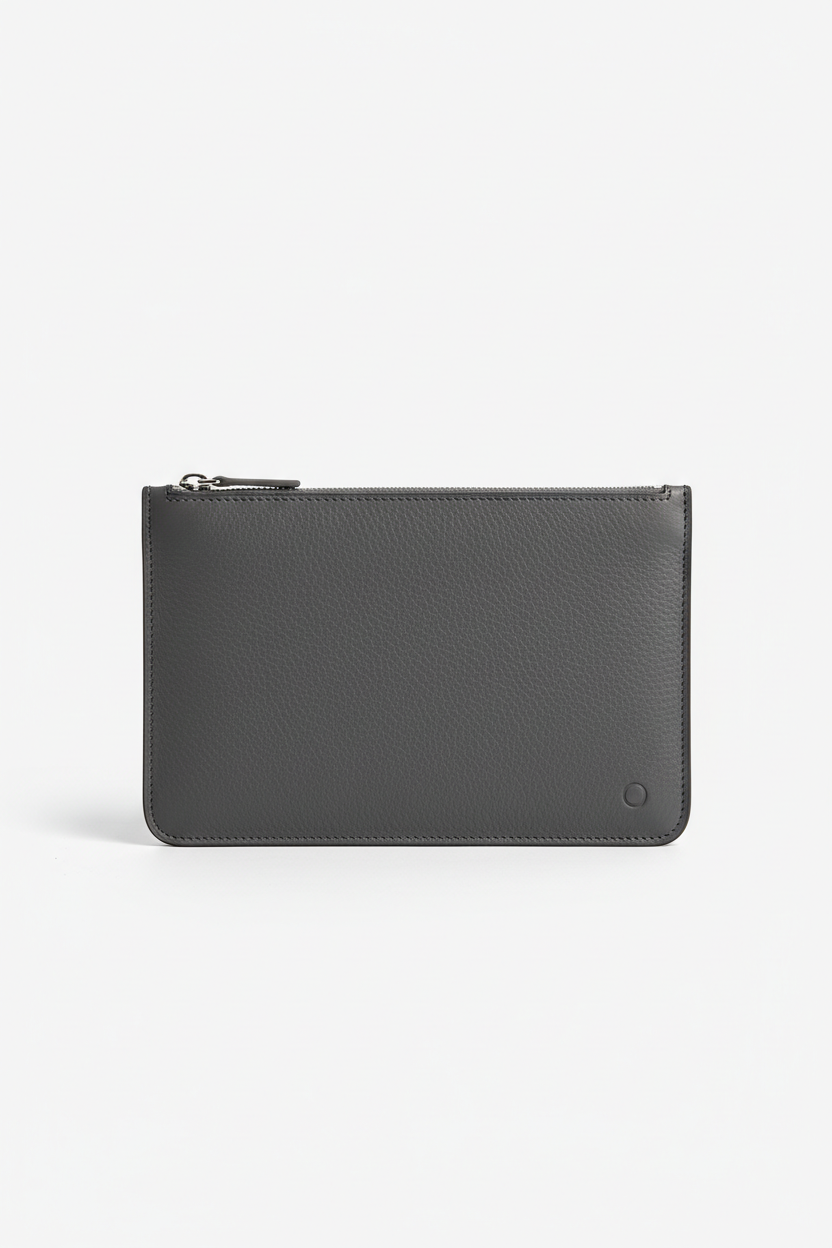 Contemporary Tech Sleeve Pochette in Obsidian Shadow Grey Soft Pebbled Leather – Front View