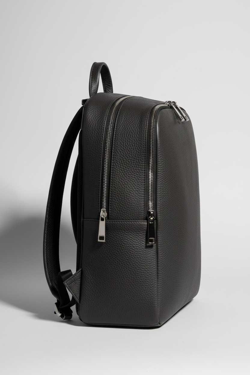 Metropolitan Business Backpack in Dark Alloy Charcoal Rugged Premium Leather – Side Angle